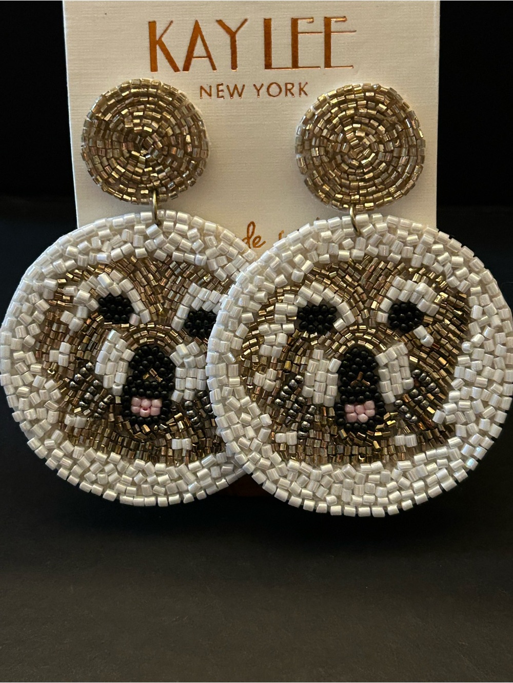 Kay Lee Adorable Handmade Beaded Dog 🐶 Face Statement Earrings in White & Gold